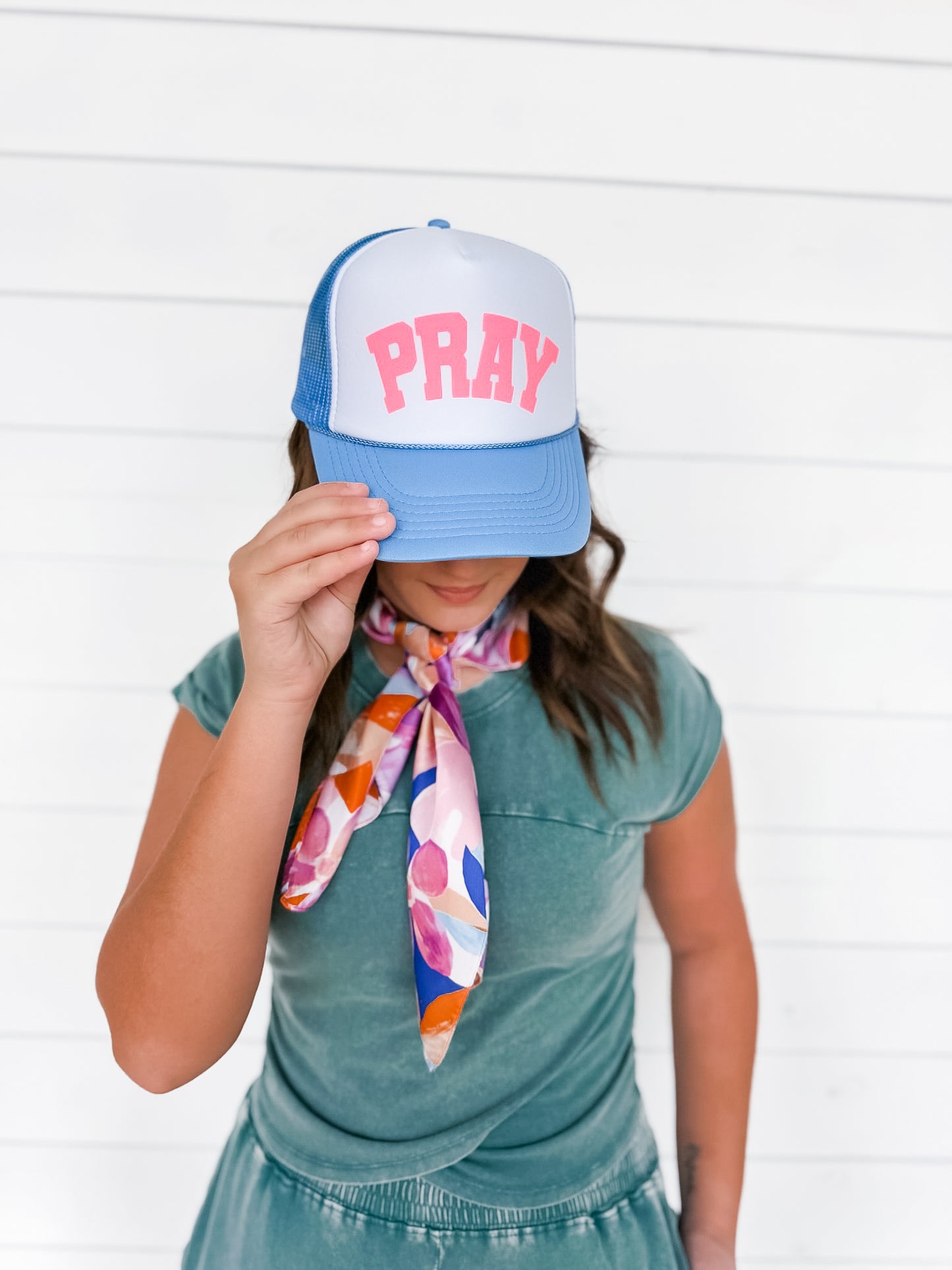 3D Puff Vinyl Pray Neon Pink on Columbia blue and White Foam Trucker Hat