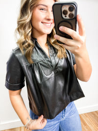 Puff Sleeve Faux Leather Short Sleeve Top