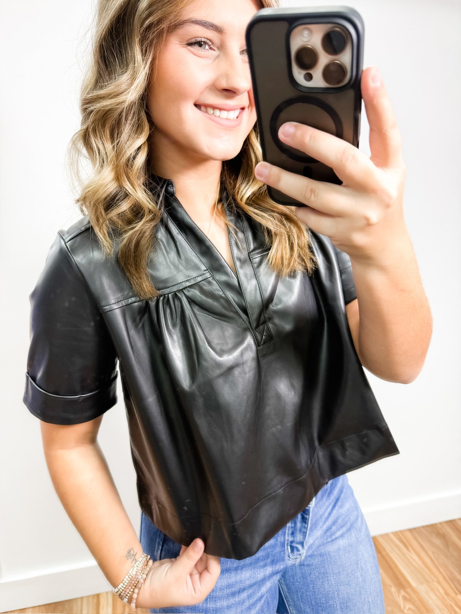 Puff Sleeve Faux Leather Short Sleeve Top