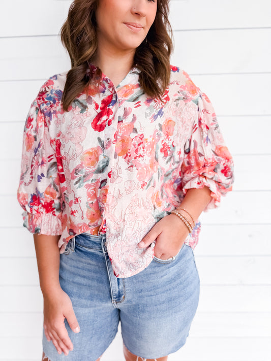 Floral Crush Balloon Sleeve Blouse