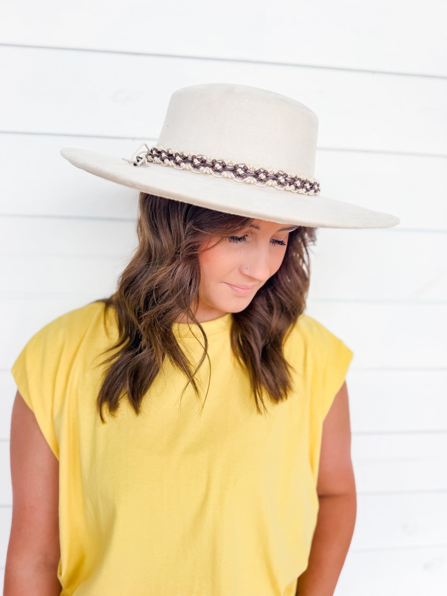 Jazzlyn Faux Suede Boater Hat w/ Macrame Band Two Colors!