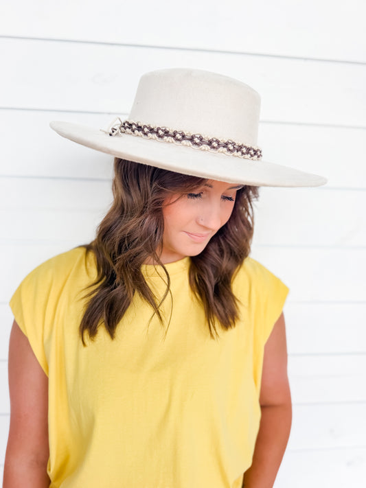 Jazzlyn Faux Suede Boater Hat w/ Macrame Band Two Colors!