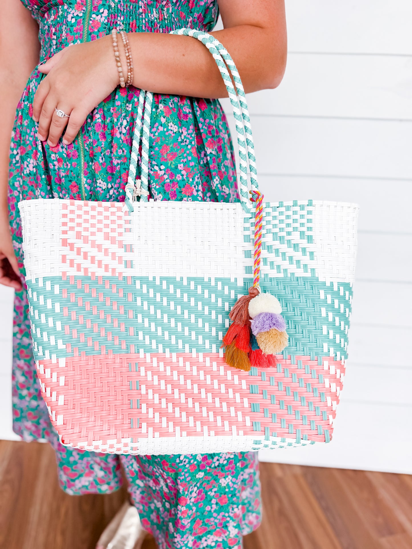 Sylvia Med Handwoven Tote w/ Pom-Poms