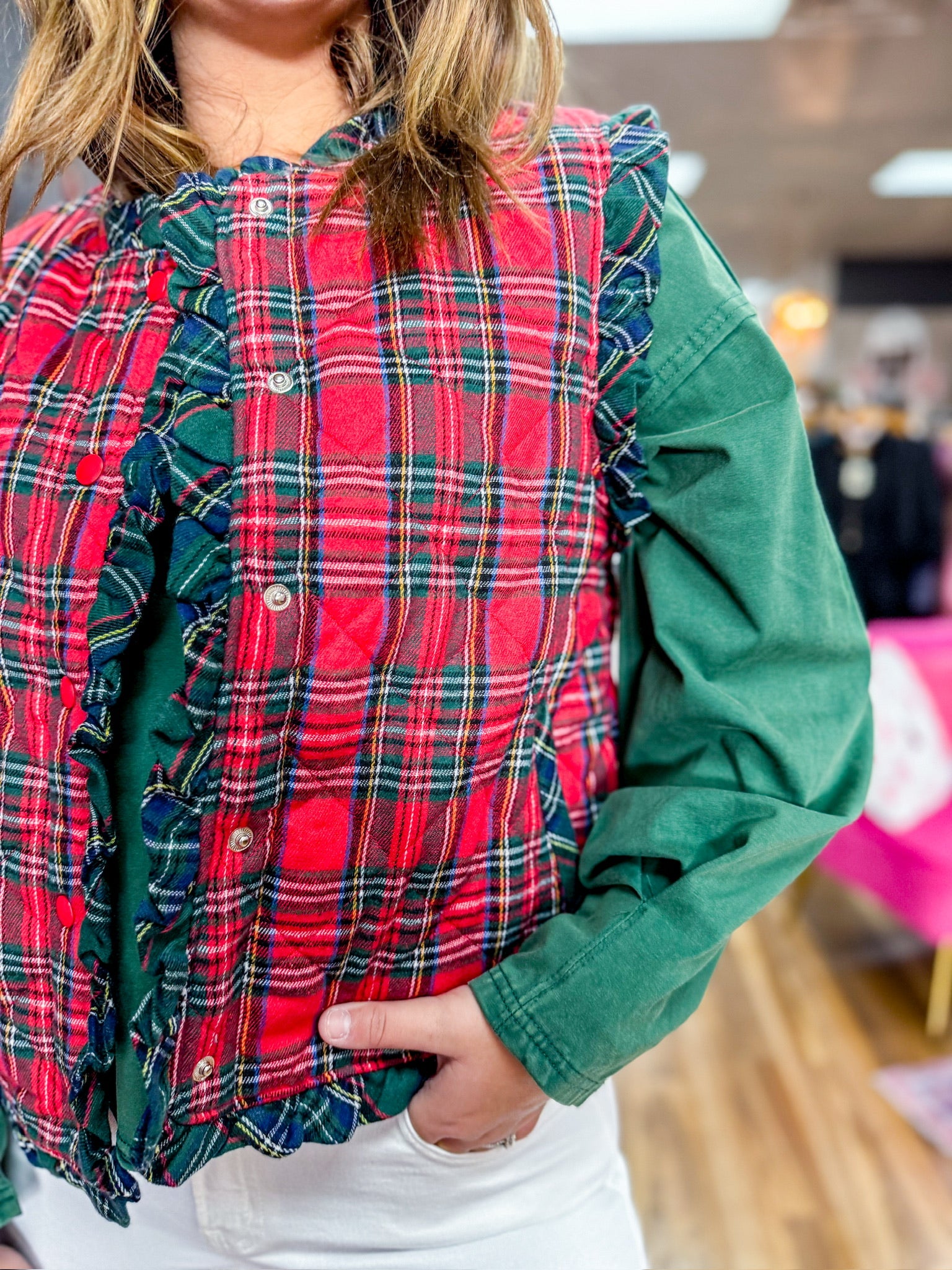 Christmas Tartan Check Quilted Ruffle Vest
