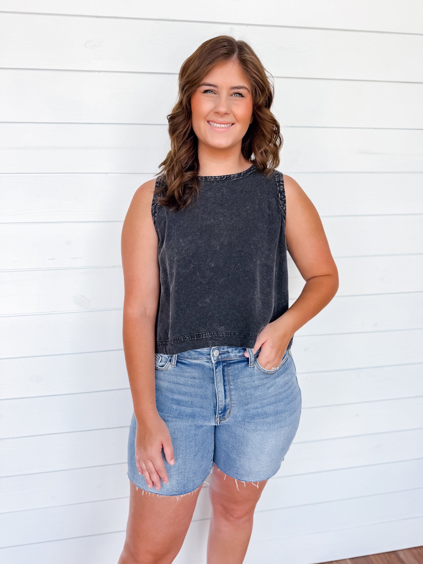 Black Mineral Wash Button Back Top