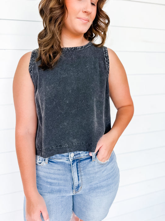 Black Mineral Wash Button Back Top