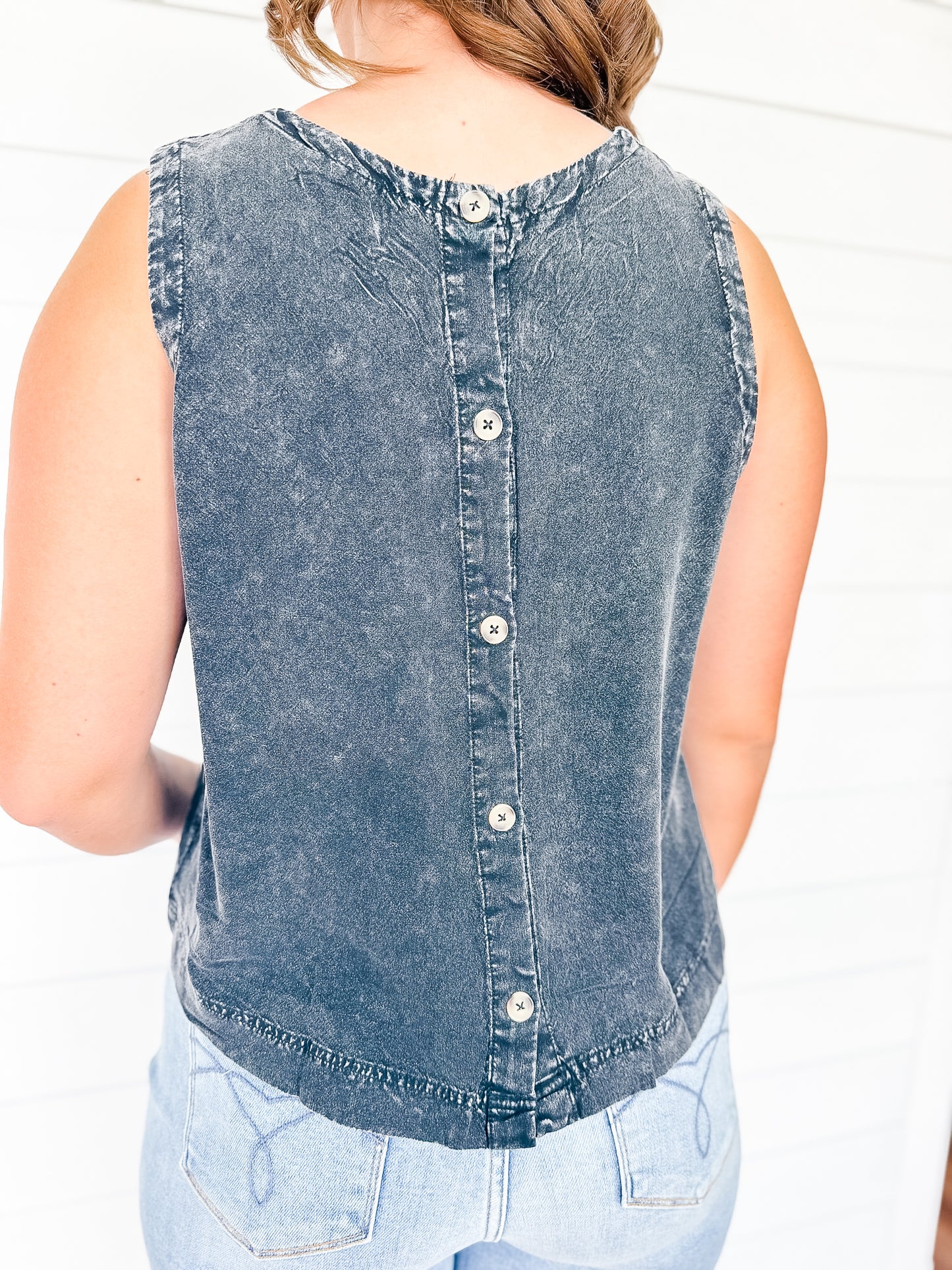 Black Mineral Wash Button Back Top