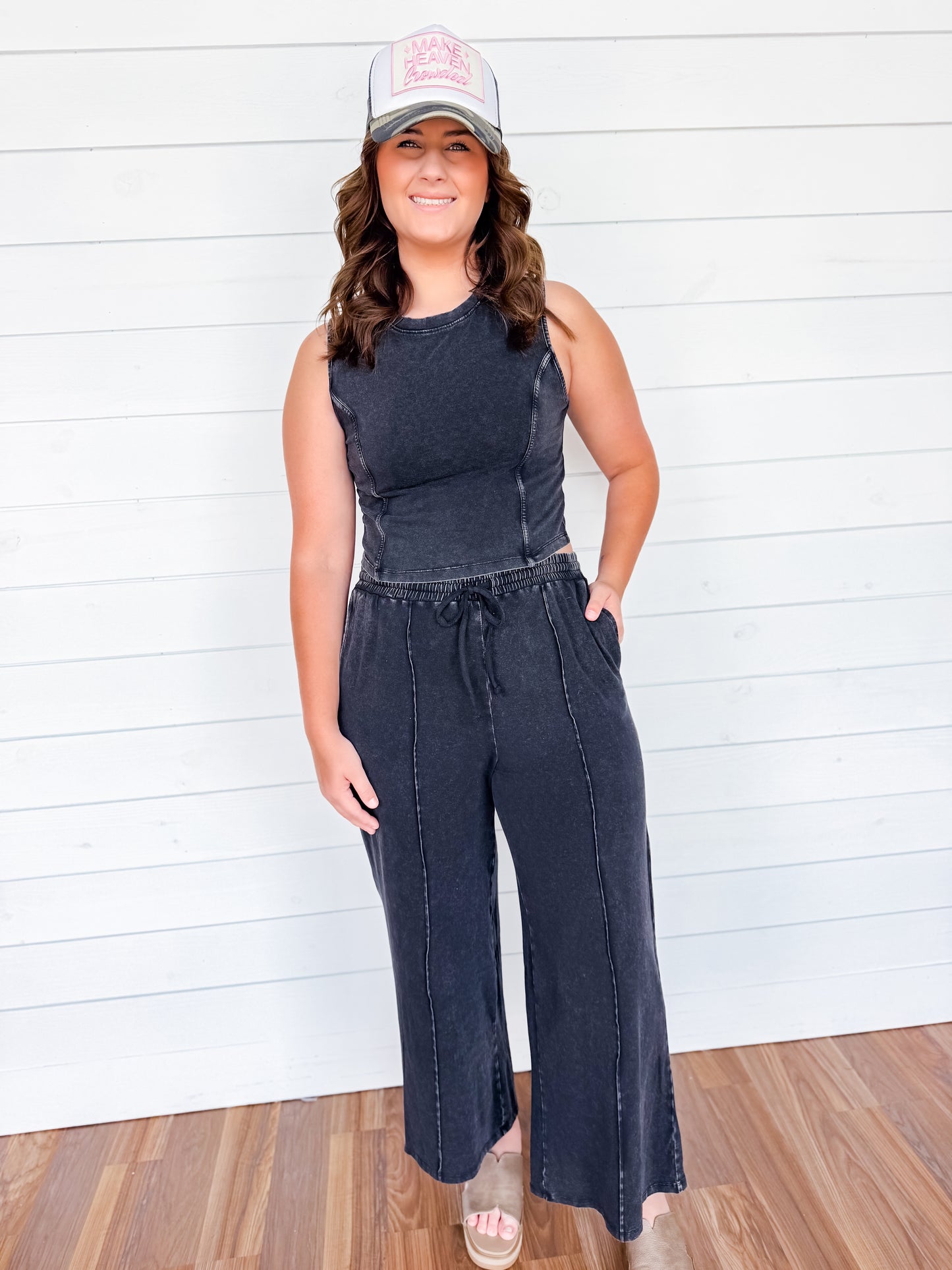 Black Mineral Washed Sleeveless Top or Wide Leg Pants