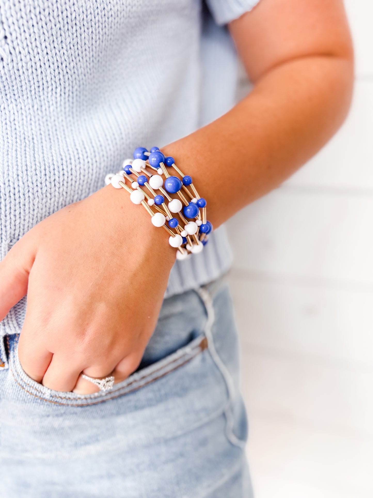 Resin Ball Metal Bar Beaded Stretch Stackable Bracelets Two Colors