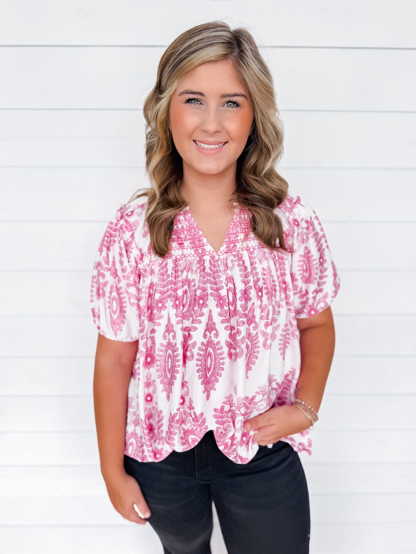Pink Petal Smocked Short Sleeve Top