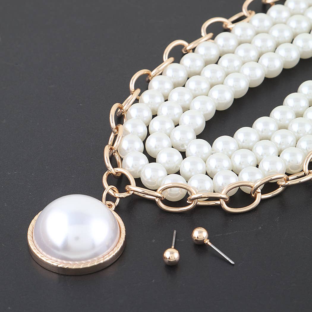 Multi Pearl Stone Pendant Beaded Necklace