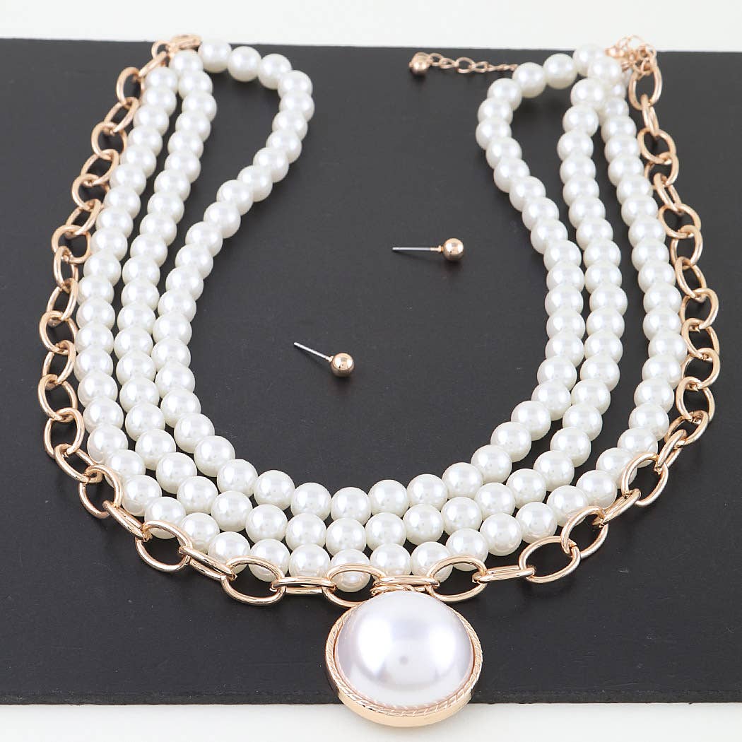 Multi Pearl Stone Pendant Beaded Necklace