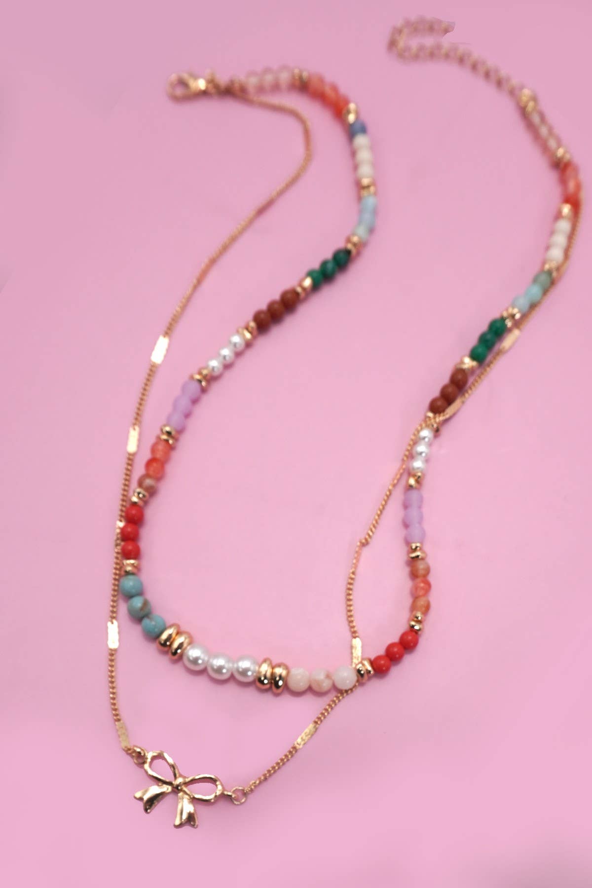 Gold Beaded Bow Heart Necklace