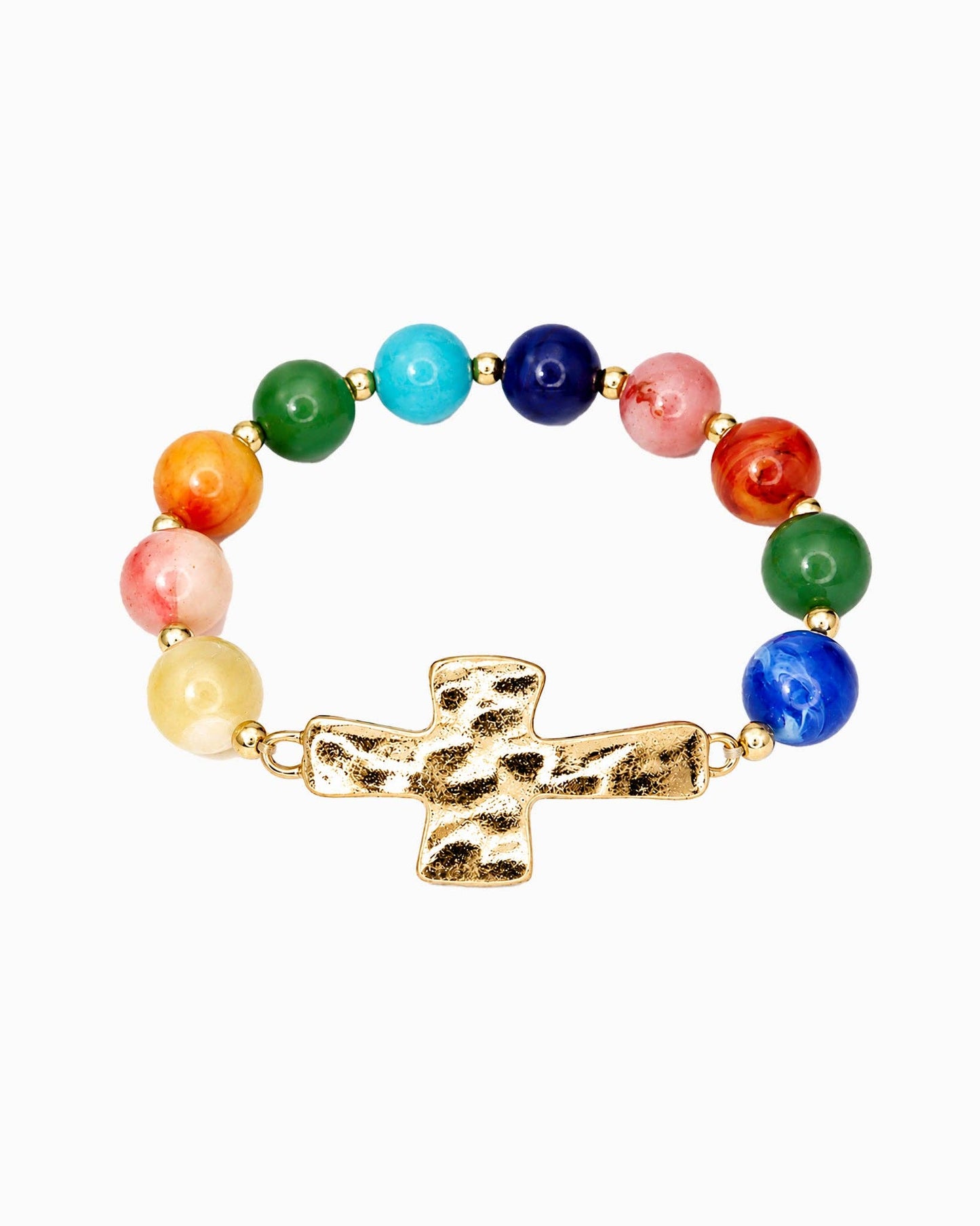 Hammered Cross Pendant Beaded Statement Bracelet - Multi