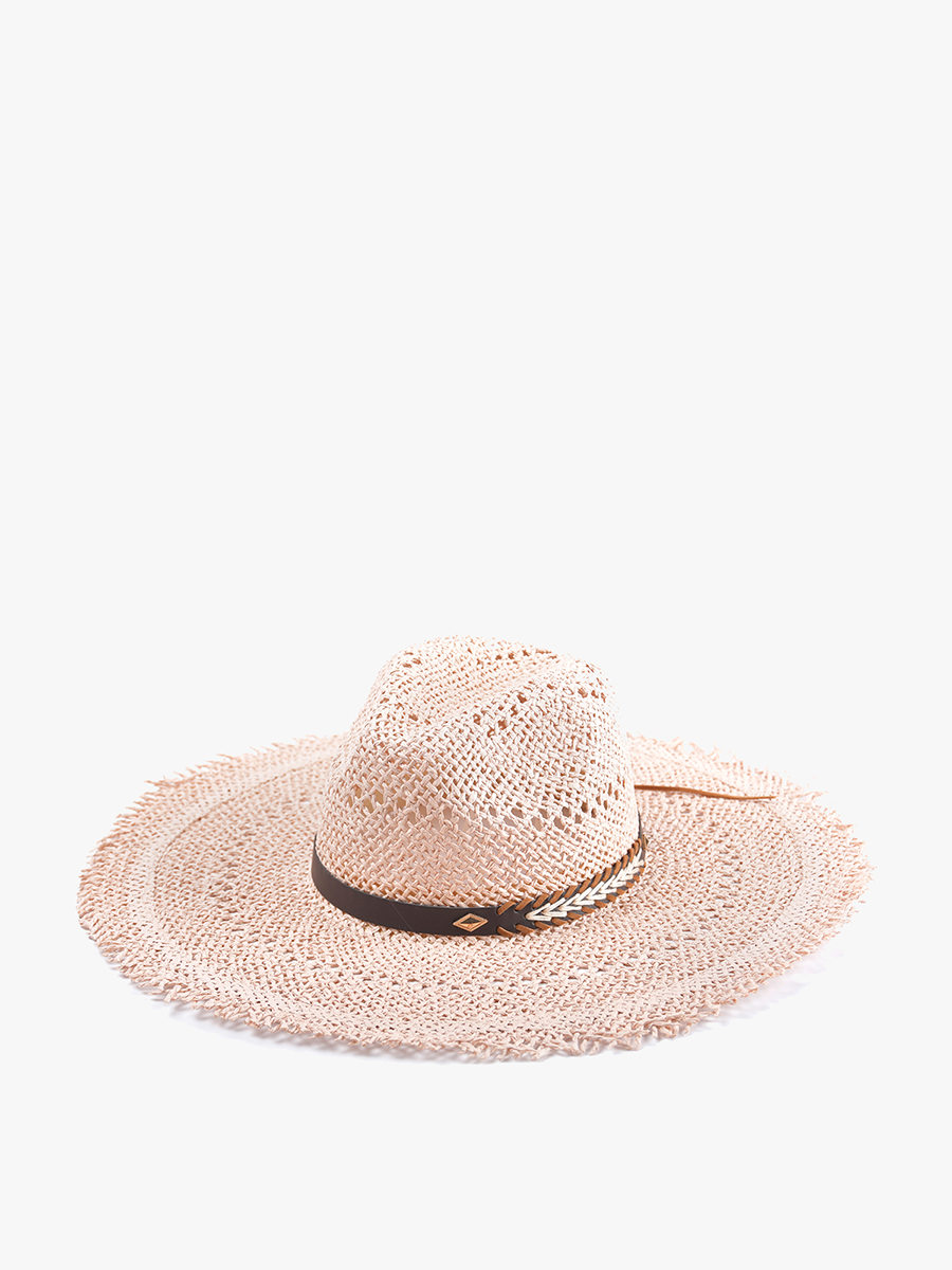 Claudia Wide Brim Straw Hat w/ Frayed Edge: Blush