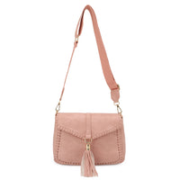 Distressed Vegan Leather Flapover Crossbody Bag with Tassel