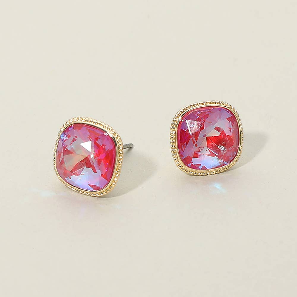 Cushion-cut Faceted Iridescent Stone Stud Earrings: Three Colors