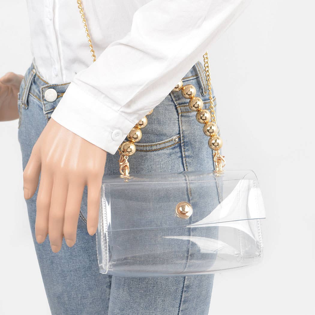 Transparent Gold Handle Flap Stadium Clutch
