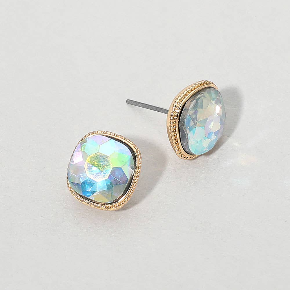 Cushion-cut Faceted Iridescent Stone Stud Earrings: Three Colors