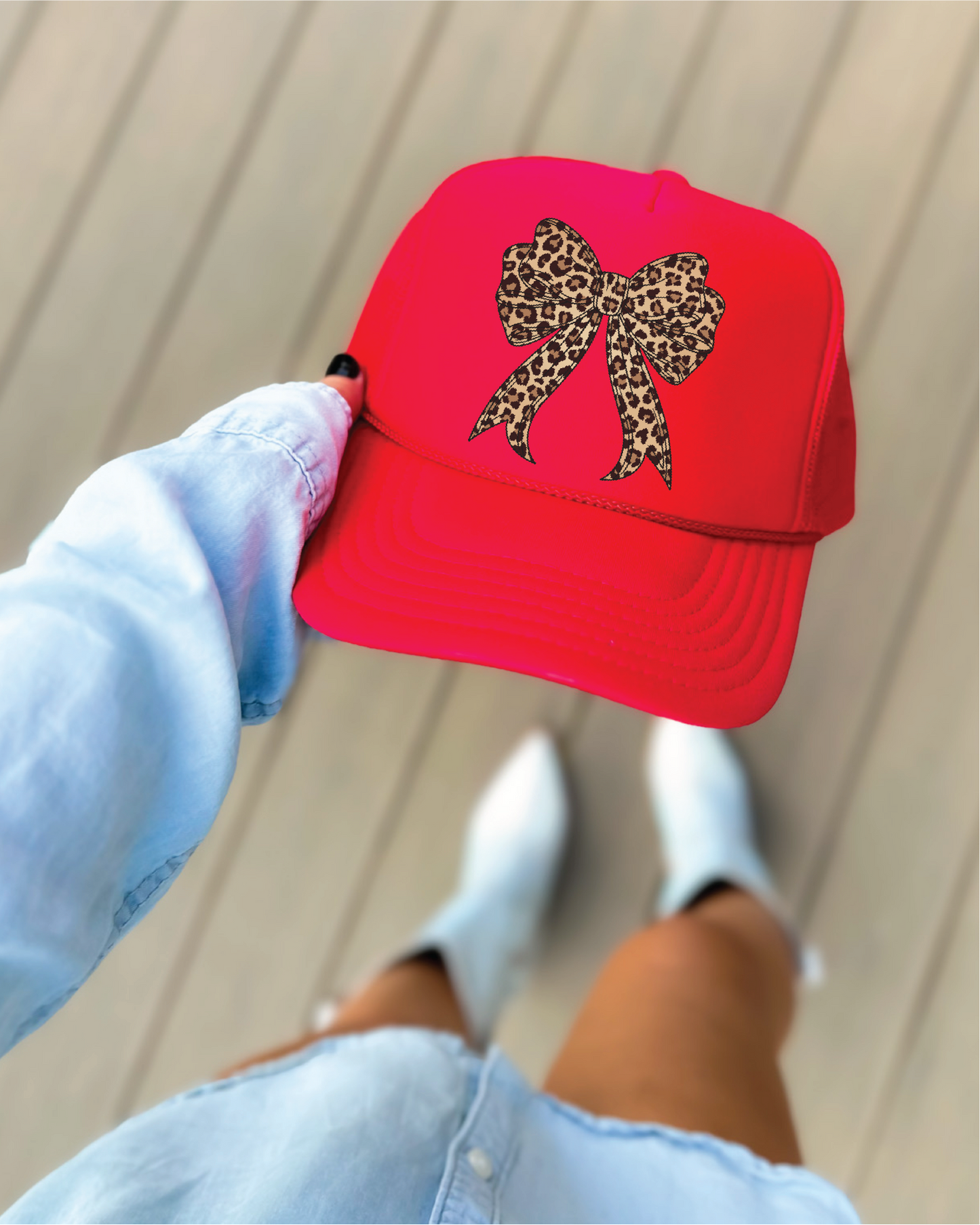 LEOPARD BOW on Red Foam Trucker Hat