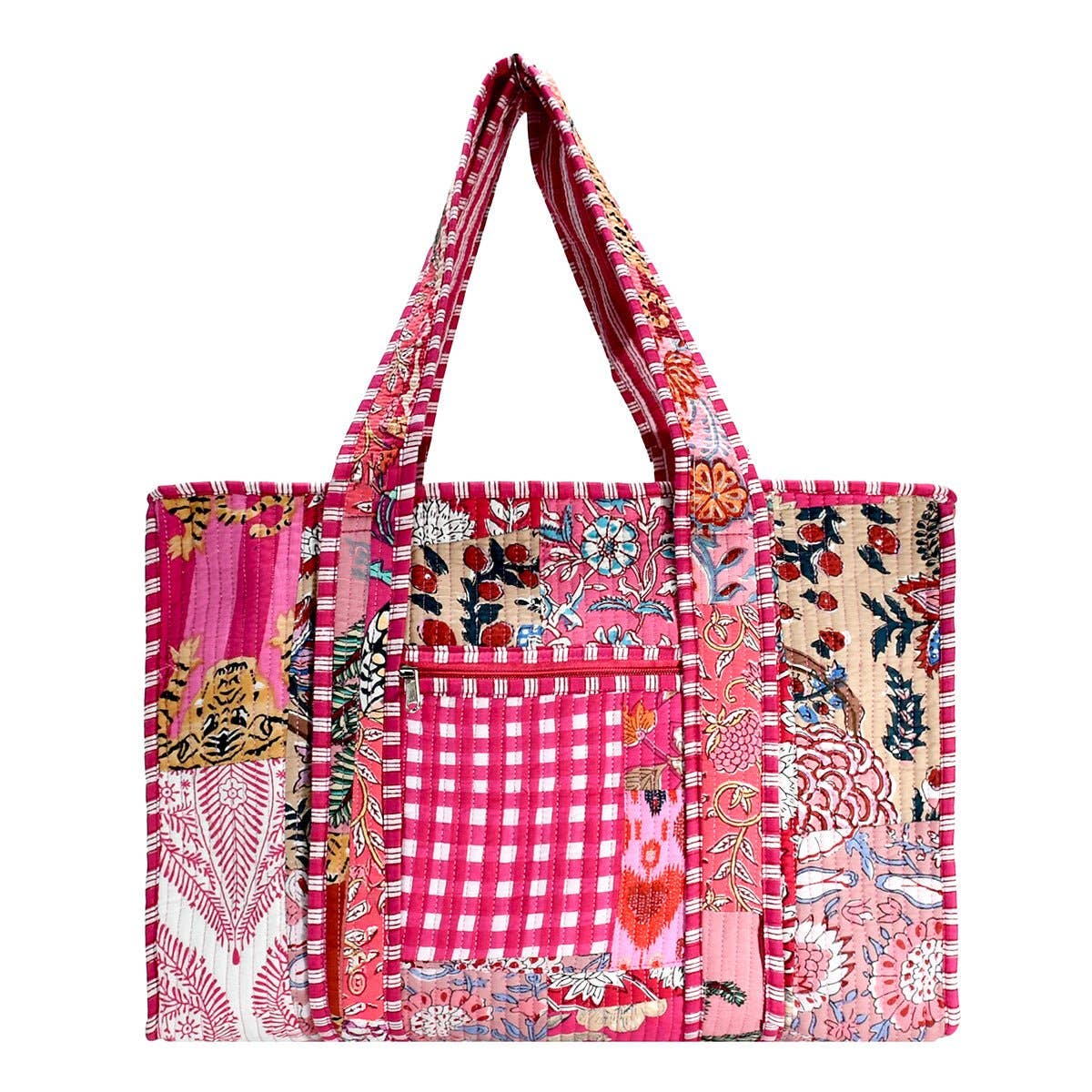 Pink Cotton Fabric Patch Block Print Large Tote Bag