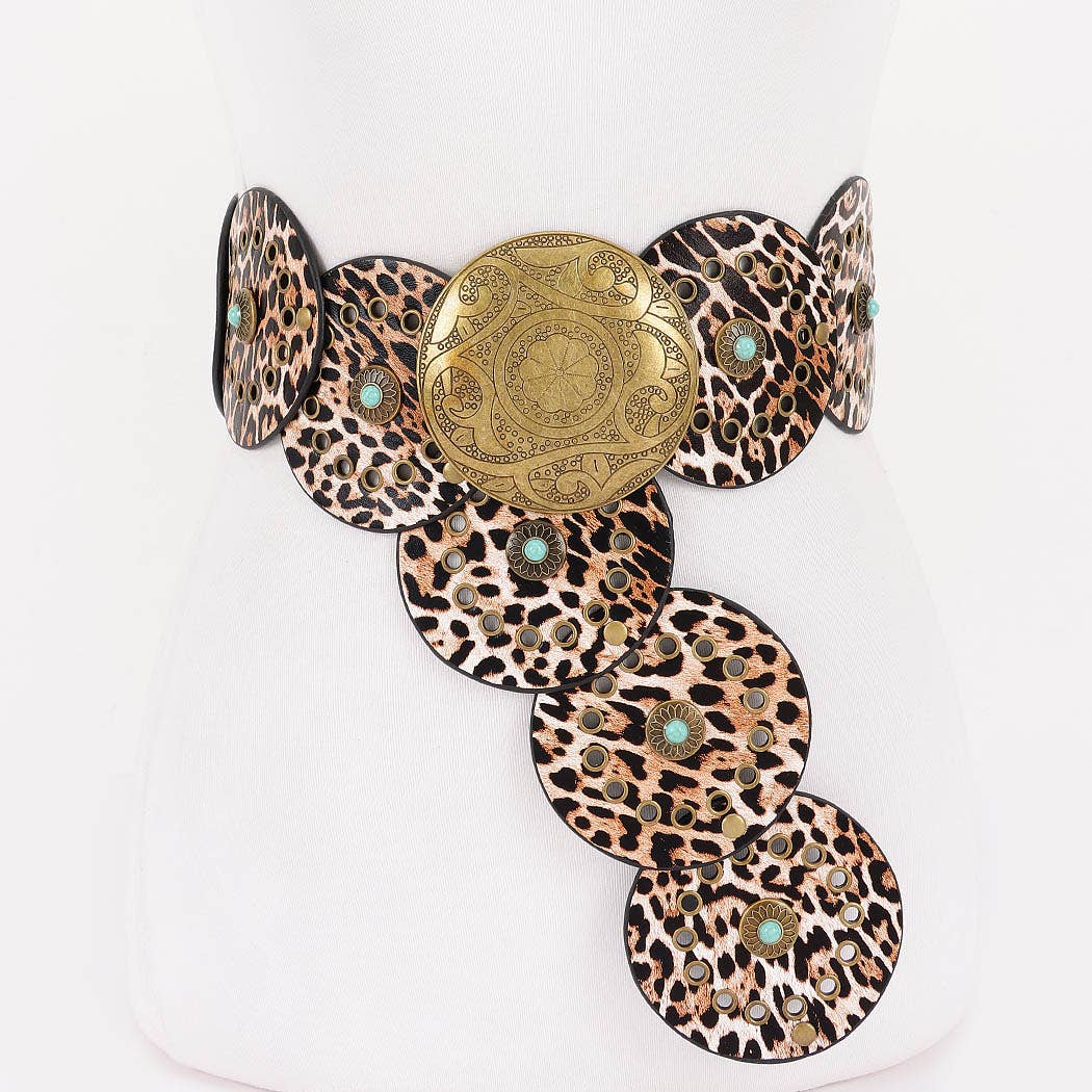Faux Leather Disc Belt Leopard or Cow Print