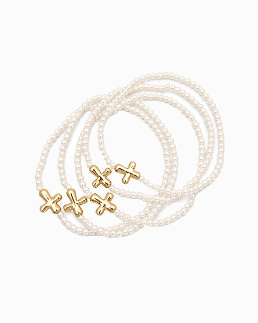 5-Piece Cross & Pearl Stretch Bracelet Set: Gold