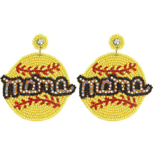 "Mama" 2 Tier Seed Beaded Baseball Dangle Earrings