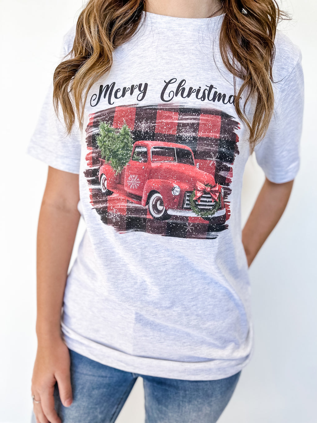 Merry Christmas Plaid Pickup Truck Tee